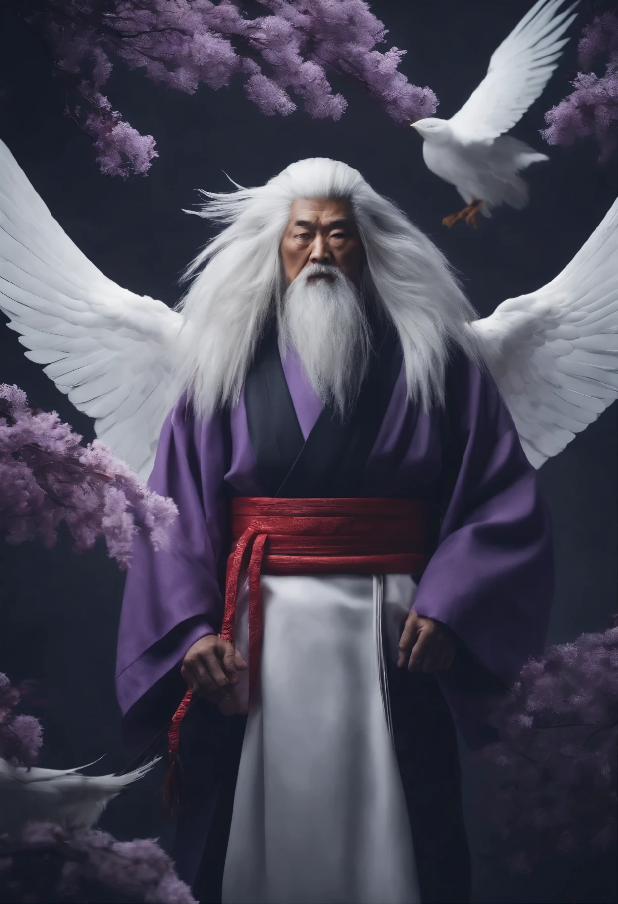 Man, Tengu, Onmyoji, Bird's Beak, Shaggy, Gray Hair, White Feathers, Long Wings, Purple Pupils, Kimono, Japanese Style, Simple Background