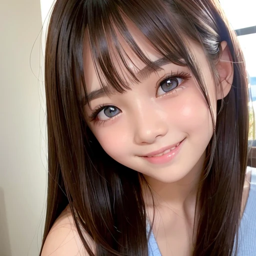 1 girl、smooth skin、(((happy smile)))、gaze towards the viewer、cute girl with beautiful face、()、pointed chest、long eyelashes 、Delicate、colored contact lenses、very fine eyes、(thin eyebrows)、very very detailed face、((brunette tousled hair))、Girl posing