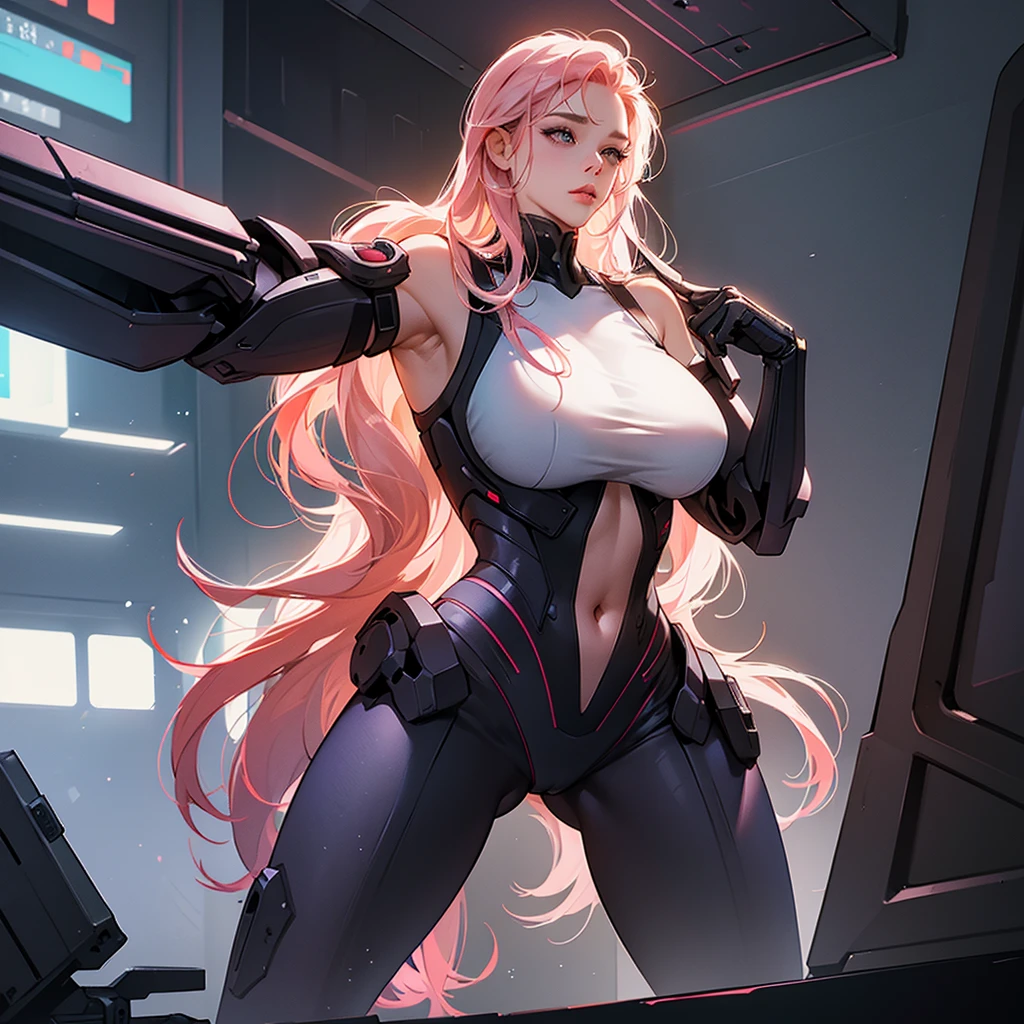 Extremely detailed CG unity 8k wallpaper, full shot body photo, (gigantic breasts), european, gorgeous clean face, (long pink hair), wide hips and waist, slim body, (wearing an sexualized futuristic suit), (visible navel), (visible thighs), (sanding in a cyberpunk office), skyscrapper and dark street trough the glass in background, sexy, sexualizedhes, high detail, sharp focus, dramatic, by deviant art and pornography, realism, beautiful and detailed lighting, shadows.