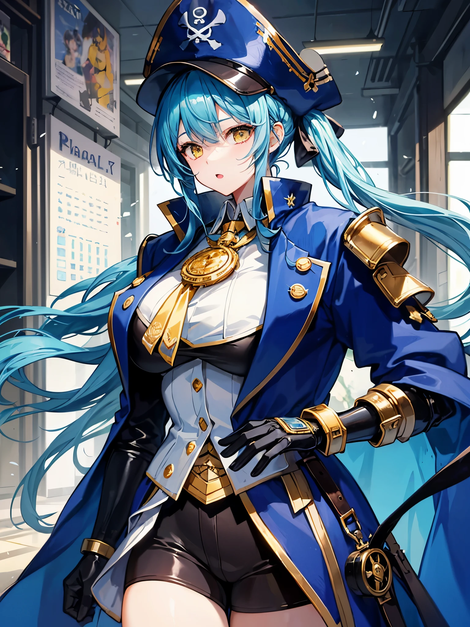 （（（masterpiece、Highest image quality、highest quality、highly detailed unity 8ｋwallpaper）））、（（Illustration of one girl、upper body））、（（（beautiful girl）））、（fantasy、female pirate）、（Light light blue hair、short ponytail：1.2、yellow eyes）、（（（Right hand is a prosthetic hand、steampunk prosthetic arm）））、（（tall））、bulky figure, massive frame, thick neck, sturdy arms, powerful legs、（captain&#39;s suit、Pirate hat、Blue coat）