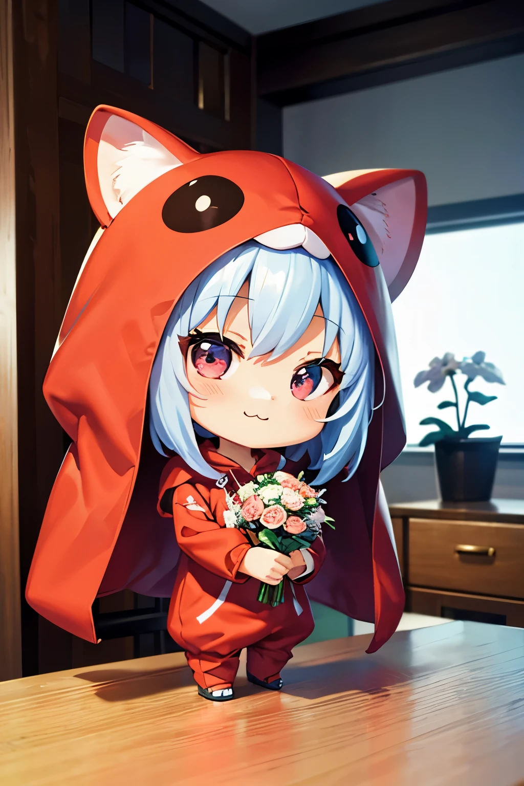 (Chibi:1.3), happy, (holding a bouquet), full body, (Kigurumi), indoors, on the table, (Nendoroid:1.1),