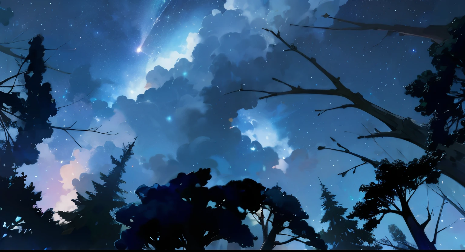 starry sky among treetops,Bottom view