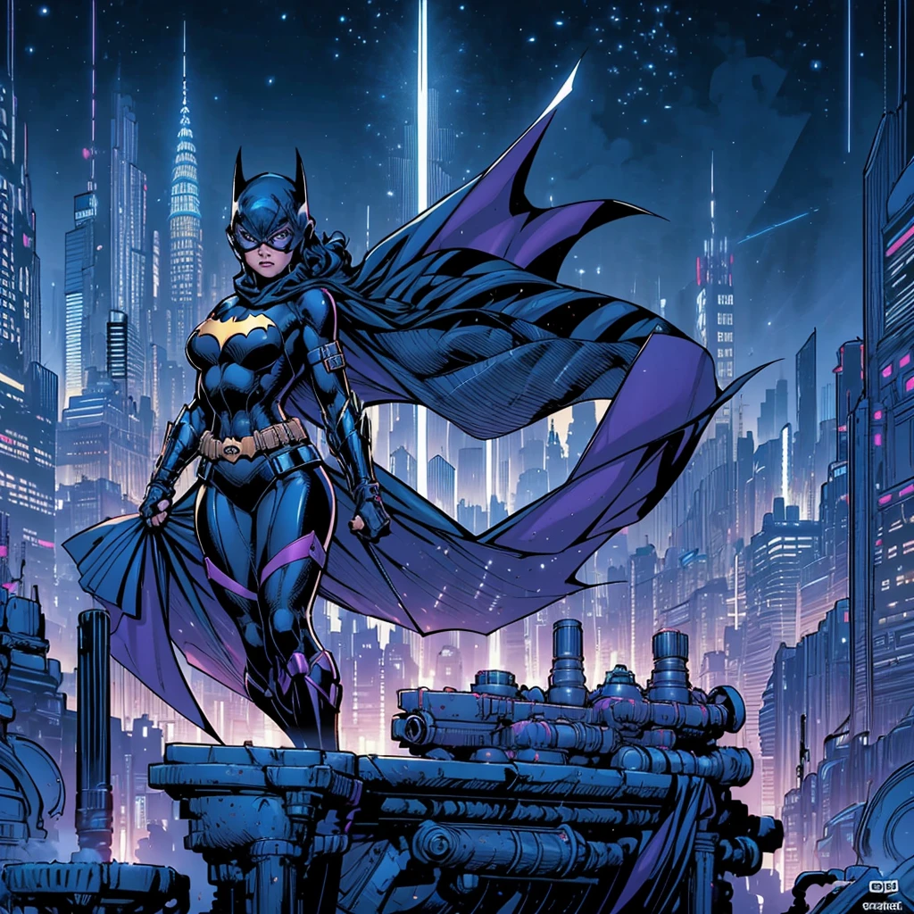 /imagine prompt: Description: In this anime-inspired artwork, envision Batgirl poised on the edge of a towering Gotham City rooftop, her silhouette outlined against the neon-lit skyline. With her cape billowing in the night breeze, she exudes an aura of confidence and determination.Batgirl's appearance is striking and dynamic, blending traditional superhero attire with sleek anime aesthetics. She wears a form-fitting costume, primarily black with accents of dark purple and yellow, reminiscent of her classic design. The costume emphasizes both functionality and style, featuring high-tech elements like armored plating and intricate detailing that showcase her advanced gadgets and utility belt.Her cowl is sleek and futuristic, covering her entire head except for her piercing blue eyes, which radiate intensity and focus. The cowl incorporates advanced optics and communication devices, emphasizing her reliance on technology in her crime-fighting endeavors.Batgirl's physique is athletic and agile, reflecting her rigorous training regimen and combat expertise. She strikes a dynamic pose, ready for action, with one hand resting on the hilt of her grappling hook and the other positioned to unleash a flurry of martial arts strikes.Behind Batgirl, Gotham City sprawls out in all its gritty splendor. The skyline is dominated by towering skyscrapers adorned with neon signs and flashing lights, casting an otherworldly glow over the urban landscape. The city below is shrouded in darkness, hinting at the dangers lurking in its shadowy alleyways and abandoned warehouses.In the distance, the iconic Bat-Signal pierces the night sky, casting a beacon of hope amidst the city's chaos. Its light illuminates the clouds overhead, symbolizing Batgirl's unwavering commitment to protecting Gotham and its citizens from the forces of darkness.Overall, this artwork captures the essence of Batgirl as a fearless protector of Gotham City, blending elements of anime-style action with the rich mytholog