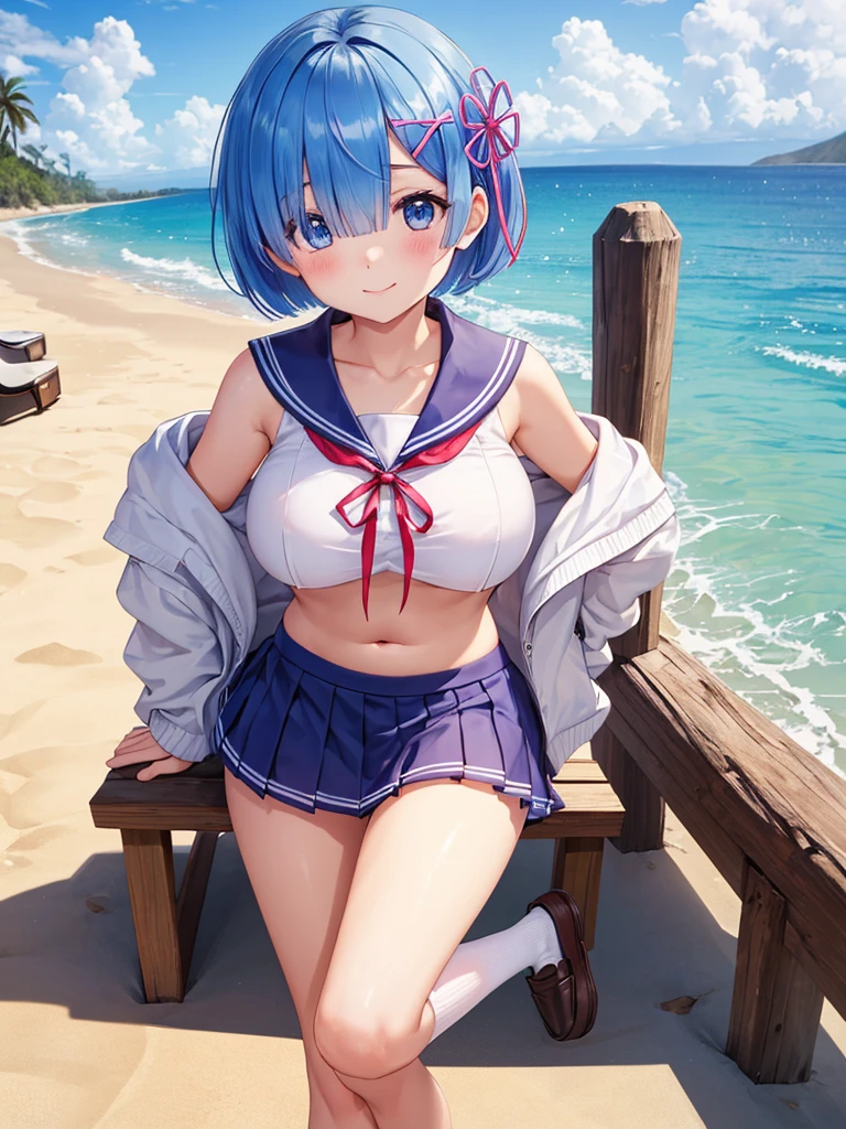 masterpiece, best quality, ultra detailed, ((Rem,Re:zero,blue hair,short bob hair,wavy hair)),beautiful face,smile,(big breasts),(school uniform, sailor suit)),cowboy shot, おbelly button,beautiful girl,
(sailor suitの襟付き (red) big ribbon), (sleeveless, No sleeve)),beach,Blue sky,White cloud,sunshine,
(clavicle), (bare shoulders, bare arms)), ((belly button, naked belly））、
(pleated mini skirt), (Intercrural legs).
(white socks), (loafers),
