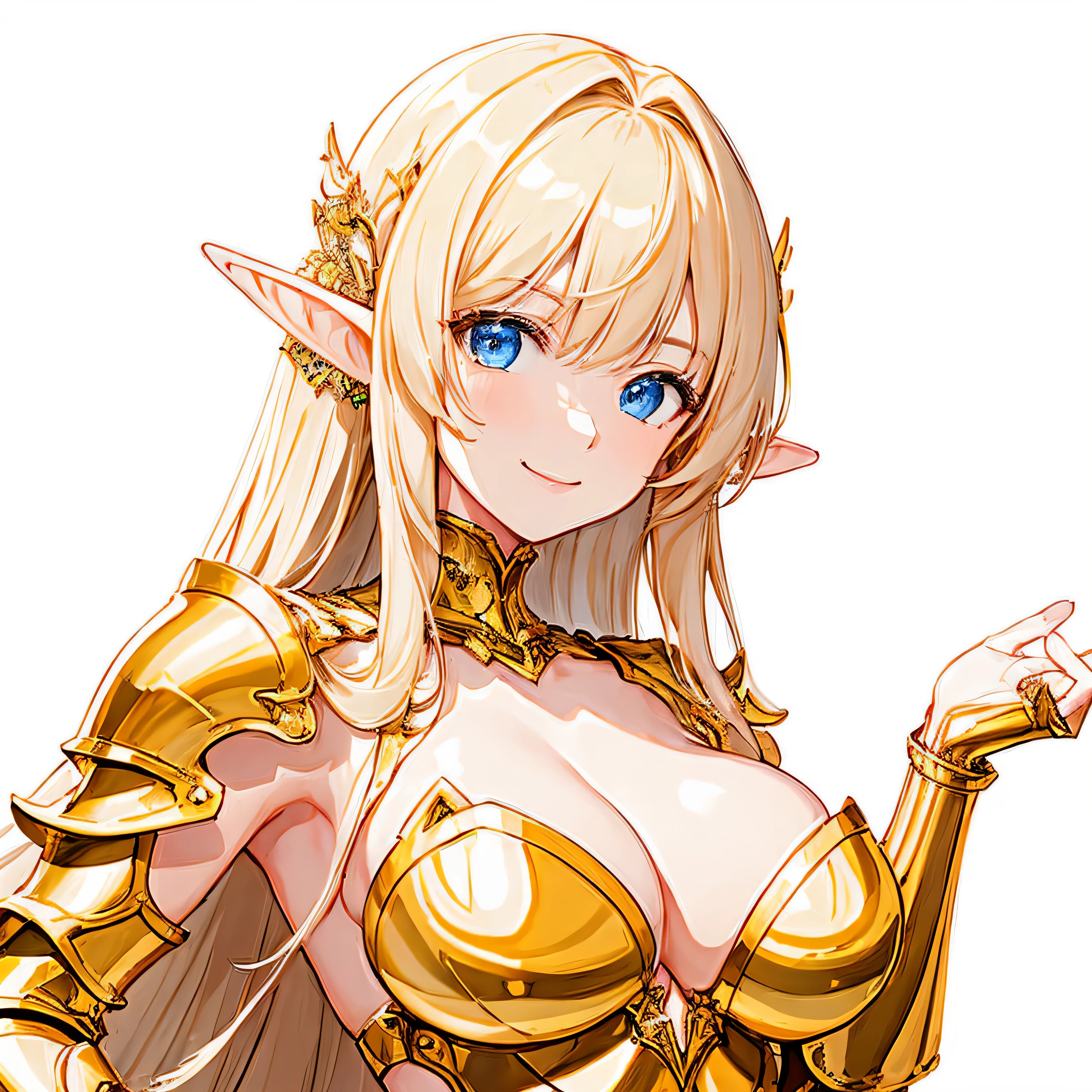 masterpiece、highest quality、very detailed、High resolution、１６ｋ、Thin contours、I can see the nipples、chest proportions、elfの女の子、golden armor shines、Sheer white skirt、black pants、very white skin、beautiful fingers、Anime girl very big breasts naked pose、perfect style、elf、No bra、blonde blue eyes、cool smile