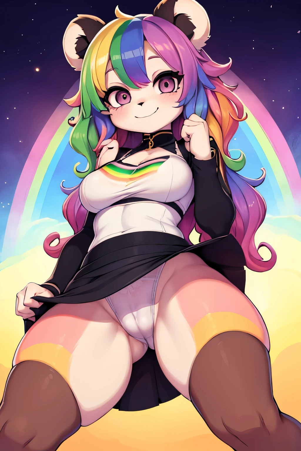upskirt, cameltoe:1.8, (masterpiece), best quality, expressive eyes, perfect face, 8k, panda girl, smile, (((rainbow hair))), (curly hair), ((human face)), [small breast:1.1], waist:1.3, 