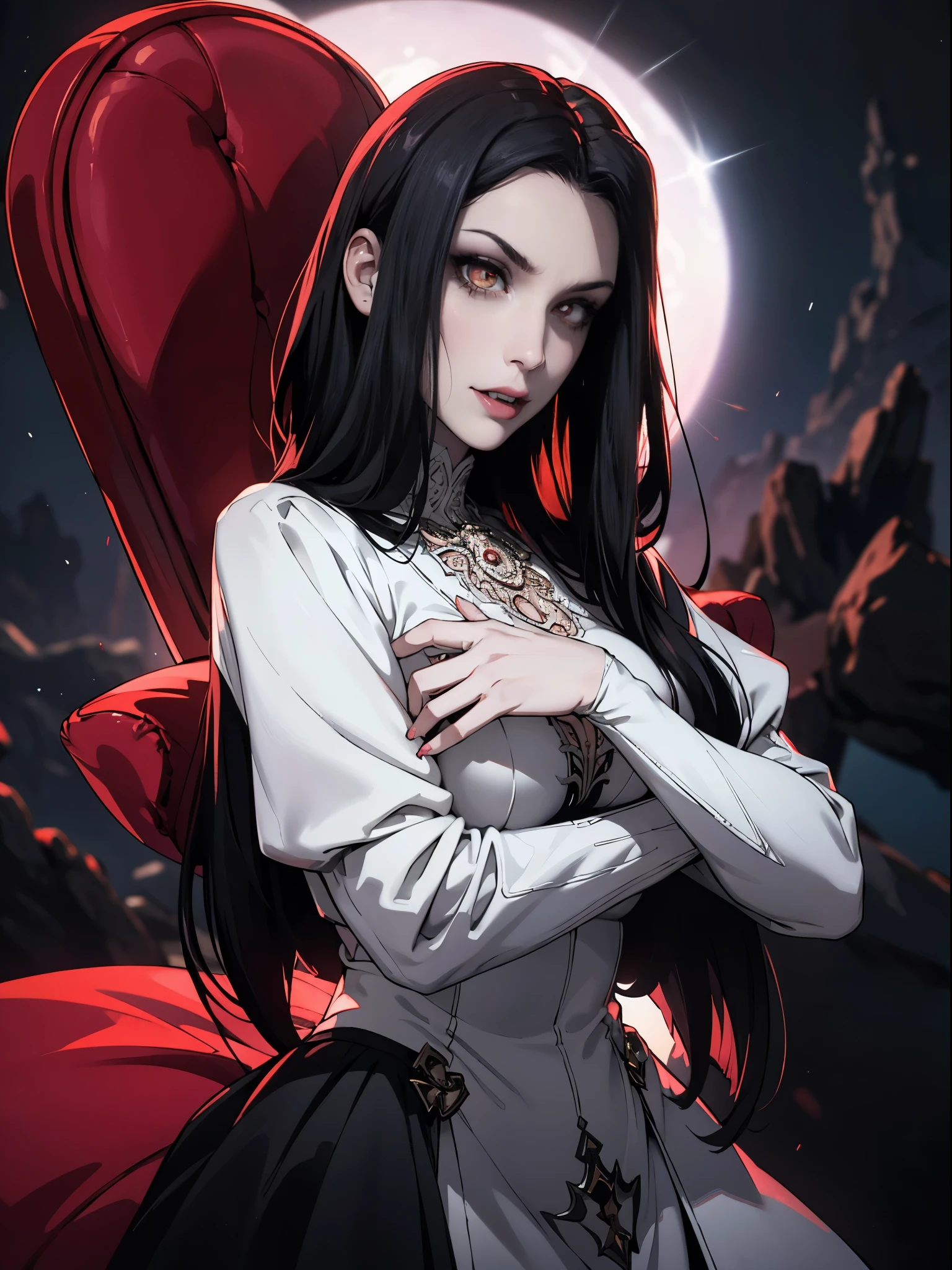 Pale face, High vampire female, goth Renaissance, Black hair, White dress, intricate, glowing eyes, fantastical, vampire, fangs, hyper detailed, 32k resolution, volumetric lighting, hyper detailed, intricately detailed, Unreal Engine 5, volumetric lighting