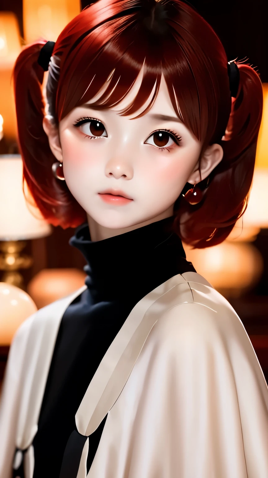 one girl、alone、cute face、１４talent、short hair twin tails、shortcut、Red hair fastening、small nose、plump lips、ash blonde hair、detailed description、black silk turtleneck shirt、white capelet、ruby necklace、dim background、candle light、Stone room、highest quality、High resolution、High resolution、masterpiece:1.3、