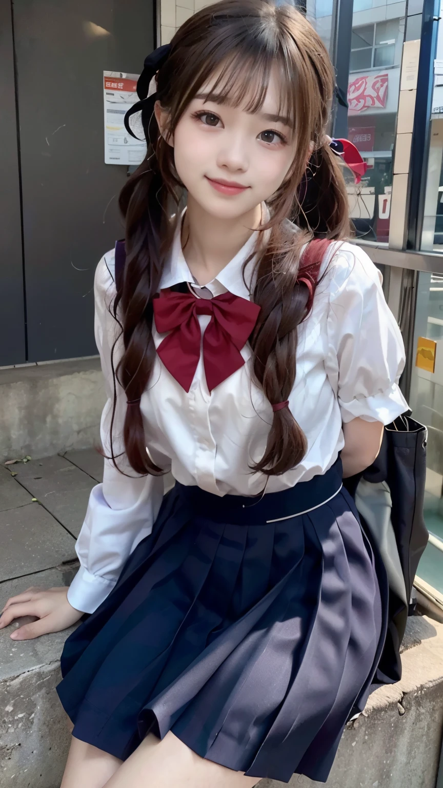 (8K、Raw photography、top-quality、masterpiece:1.2)、(realisitic、Photorealsitic:1.37)、ultra-detailliert、超A high resolution、1人、see the beholder、beautifull detailed face、A smile、Constriction、(Slim waist) :1.3)、Beautiful detailed skin、Skin Texture、Floating hair、Professional Lighting、Whole human body、a blond、japanese hight school uniform、hi-school girl、School route、Winters、muffler、Red ribbons、Bob Hair、Happy smile、Suppin、Pigtails hairstyle、Braids、Constriction of the lower back