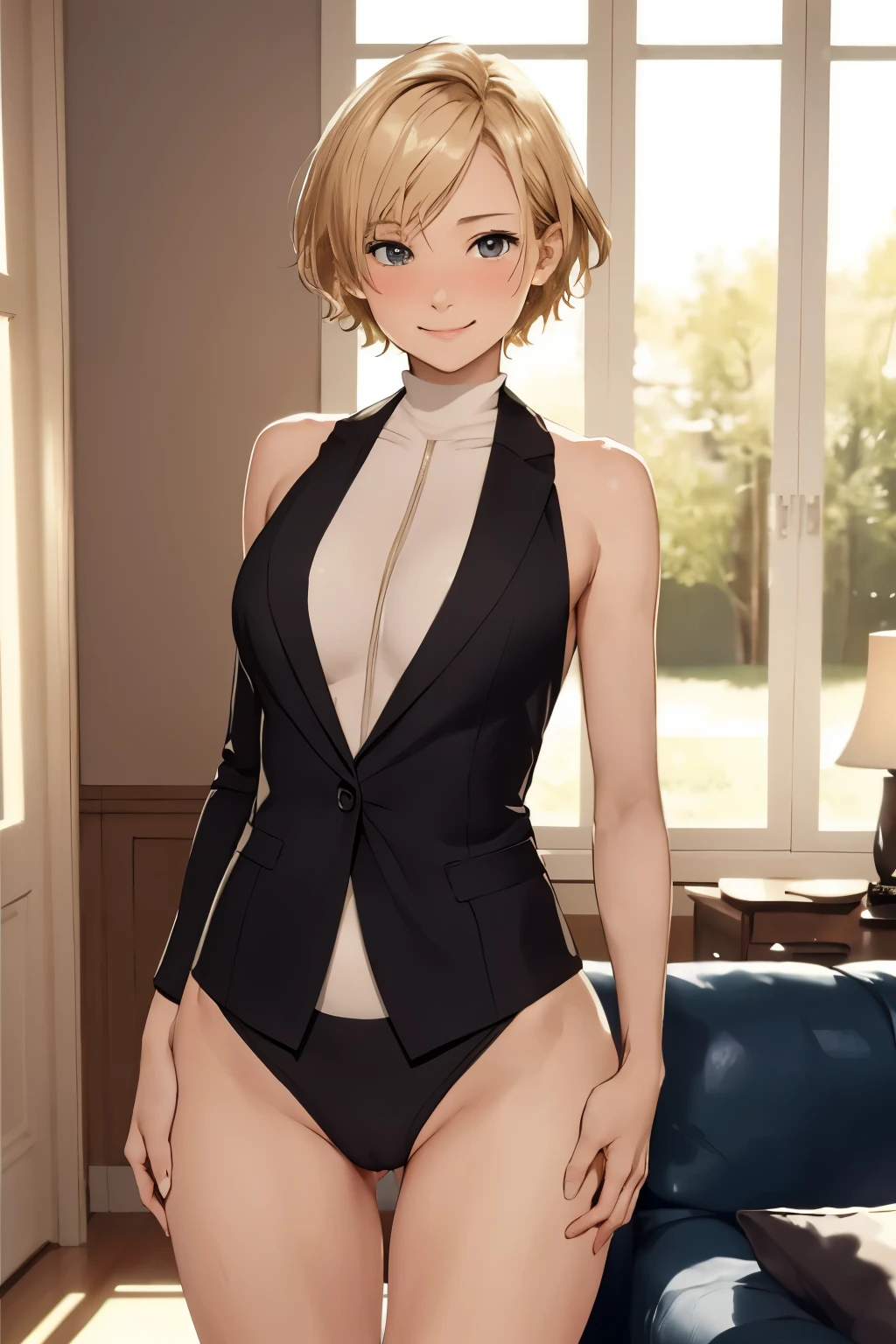 Masterpiece, top quality, 16K UHD, standing, Livingroom, , solo, cute, warm smiling, blushing, embarrassed,cameltoe, (suit:1.4),short blonde hair, athletic body, handsome man