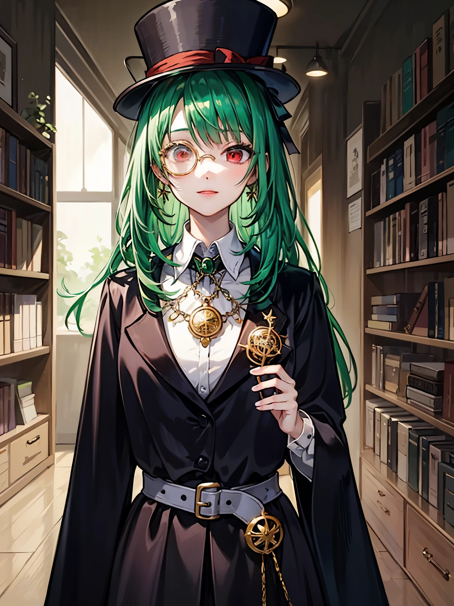 （（（masterpiece、Highest image quality、highest quality、highly detailed unity 8ｋwallpaper）））、（（Illustration of one girl、upper body））、（（（beautiful girl）））、（librarian）、（Emerald green hair、messy hair、sidelocks：1.2、red eyes、crazy smile）、（（（flat chest）））、（（（monocle）））、pocket watch、（（（Black top hat、Black tuxedo、belt）））、great medieval library、Large amount of books