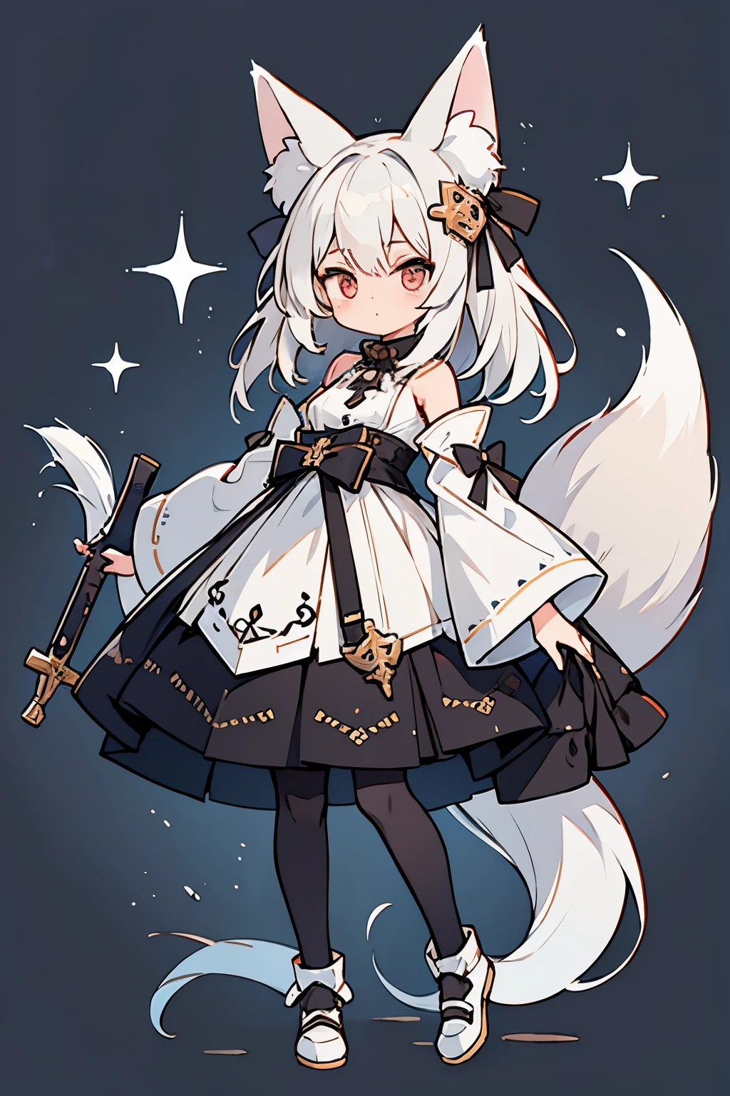 A girl with impressive white hair、Fox ears and tail、Hair Ornament、Black pantyhose、No sleeve、cute shoes with accessories