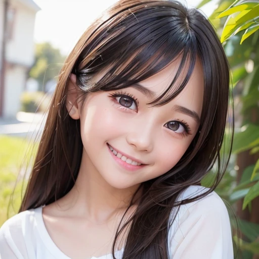 Best image quality, Focus, Soft light, Black hair, (Japanese)), (((Front, 15years old))), (Depth of field), Ultra high resolution, (Real: 1.4), RAW photo, ((裸エプロン)), smiling face
