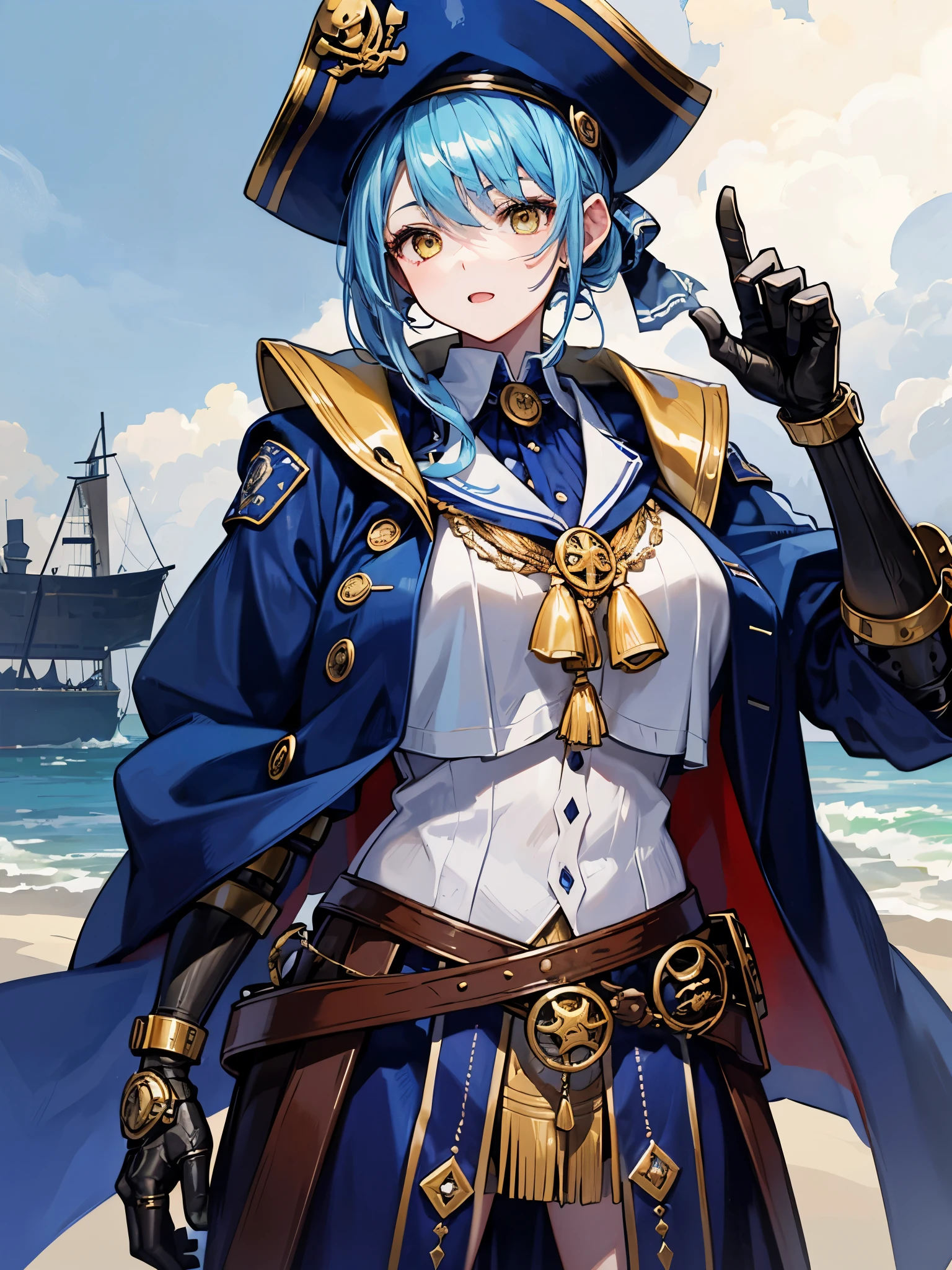 （（（masterpiece、Highest image quality、highest quality、highly detailed unity 8ｋwallpaper）））、（（Illustration of one girl、upper body））、（（（beautiful girl）））、（female pirate）、（Light light blue hair、short ponytail：1.2、yellow eyes）、（（（Right hand is a prosthetic hand、steampunk prosthetic arm）））、（（tall））、bulky figure, massive frame, thick neck, sturdy arms, powerful legs、（captain&#39;s suit、Pirate hat、Blue coat）、pier