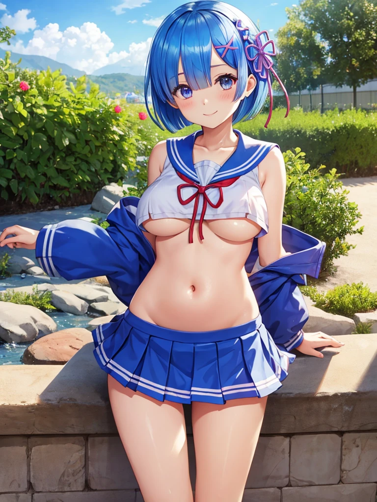 masterpiece, best quality, ultra detailed, ((Rem,Re:zero,blue hair,short bob hair,wavy hair)),beautiful face,smile,(big breasts),(school uniform, sailor suit)),cowboy shot, おbelly button,beautiful girl,
(sailor suitの襟付き (red) big ribbon), (sleeveless, No sleeve)),beach,Blue sky,White cloud,sunshine,
(clavicle), (bare shoulders, bare arms)), ((belly button, naked belly））、
(pleated mini skirt), (Intercrural legs),(underboob),(glowing skin),
(white socks), (loafers),
