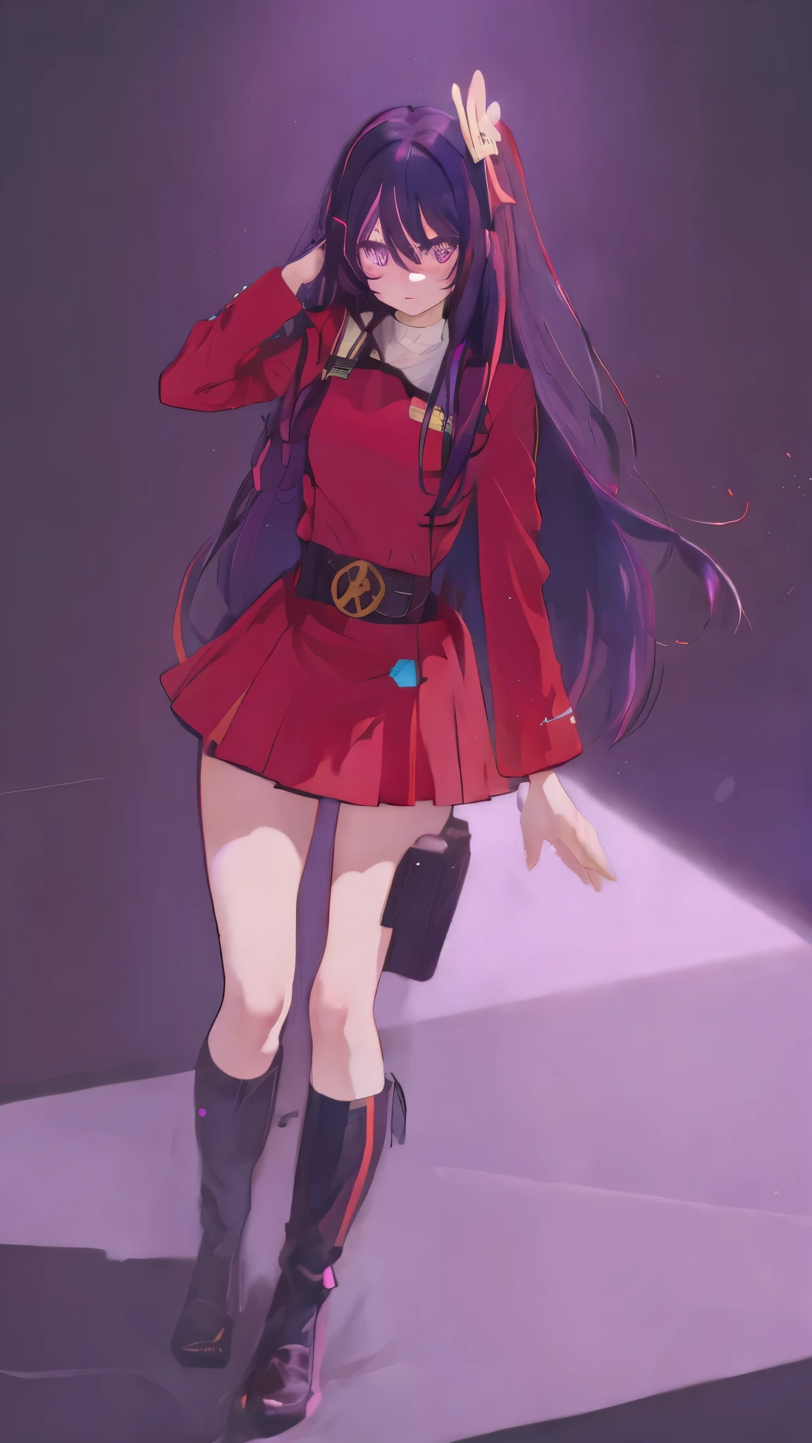 1 fullframe fullbody entire bodyHoshino Ai, long hair, purple hair, streaked hair ,purple eyes, star-shaped pupils, hair ornament, twokunf uniform on a blank netural background