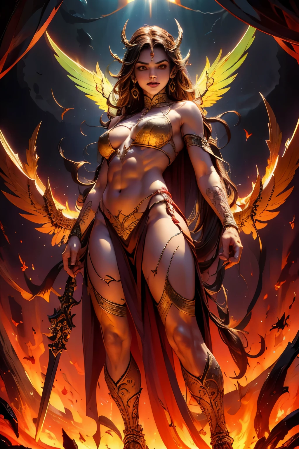 A fallen archangel standing against a fiery backdrop with bloodlust in their red glowy eyes, surrounded by eerie, bright colors and intricate details.