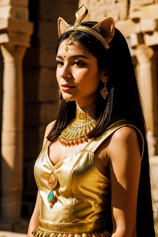 ((best quality)), ((chef-d'artwork)), (detailed), femme avec visage parfait, cat head goddess Bastet; Ancient Egyptian Queen Dress, bijoux precieux, couronne antique pharaon; The Cheops pyramid in the background; Peplum film effect; dim light;