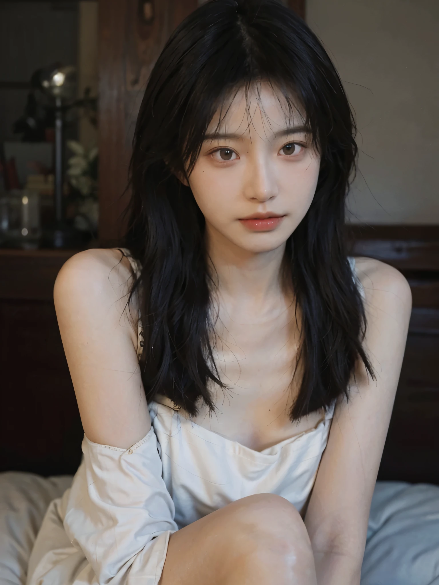 Film portrait photography, 1 girl, bare shoulders, Shoulder length wavy hair, serene, calm, (Realistic and detailed eyes, natural skin texture, Realistic facial details), Soft dramatic lighting, depth of field, Bokeh， Vibrant details, Detailed and detailed, Surrealism, 35mm film, hazy, ,