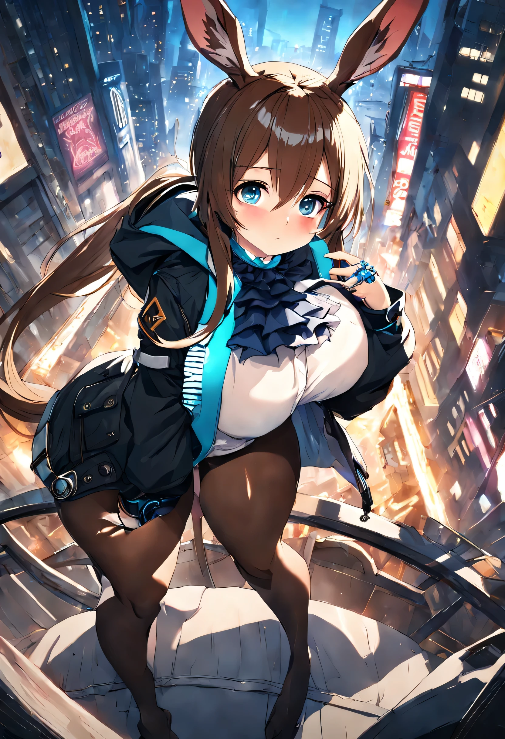 1 girl,Amiya \(arknights\),arknights,cinematic angle,shortening,dark,NSFW,brain out,naked,highest quality,超High resolution,masterpiece,High resolution,8K,UHD,detailed lighting,animal ears,The most beautiful brown hair in the world,Bunny ears,long hair,ponytail,bangs,big beautiful blue eyes that shine,hair between eyes,jewelry,Ascot,ブルーAscot,black jacket,open jacket,hood,hooded jacket,long sleeve,tights,黒tights,open clothes,Multiple rings,thumb ring,shirt,白のshirt,blush,14 year old ultimate beautiful girl,very beautiful face,Extraordinary cute,White and beautiful shiny skin,Ultra Big,sensual,Plump,Chubby,thick thighs,big ass,looking at the viewer,City of night,whole body