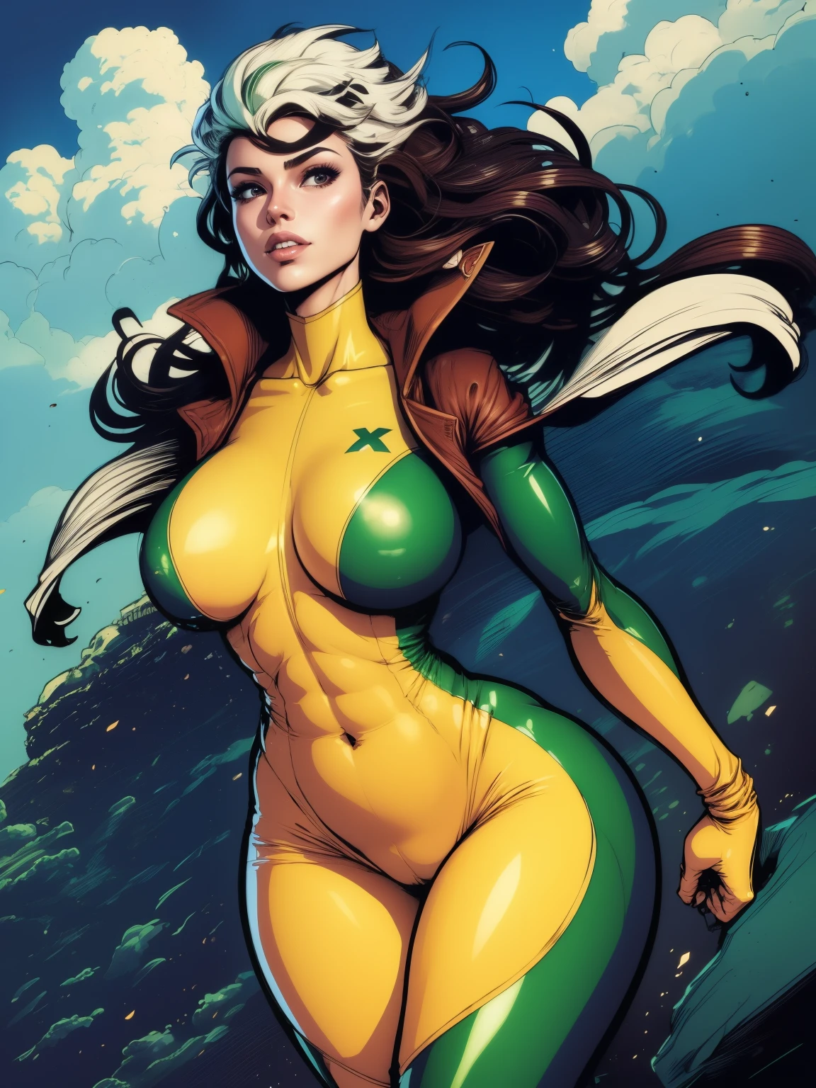 (((COMIC STYLE, CARTOON ART))). 01 girl, solo, lonly, A comic-style image of Rogue member of the X-Men in dynamic pose.  A woman with brown hair with a white streak, green eyes and special gloves.  She is flying in the sky, with clouds in the background.  She wears her traditional attire with a brown leather jacket.(((Slim Hot body, sexy, sensual, camel toes ))), (((Camel Toes))). Detailed, detailed face, intricate, glowing. Cinematic background.