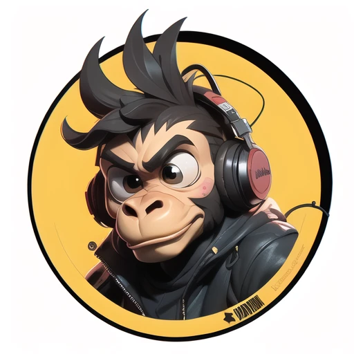 Ape with a doubting face, Monkey, big ears, mohawk hairstyle, Dj headphones below the face. The image is a round shaped sticker on a vinyl album of a music band