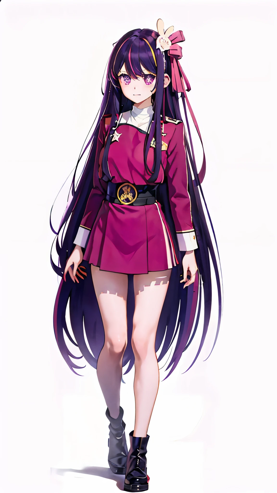 1 fullframe fullbody entire bodyHoshino Ai, long hair, purple hair, streaked hair ,purple eyes, star-shaped pupils, hair ornament, twokunf uniform on a blank netural background