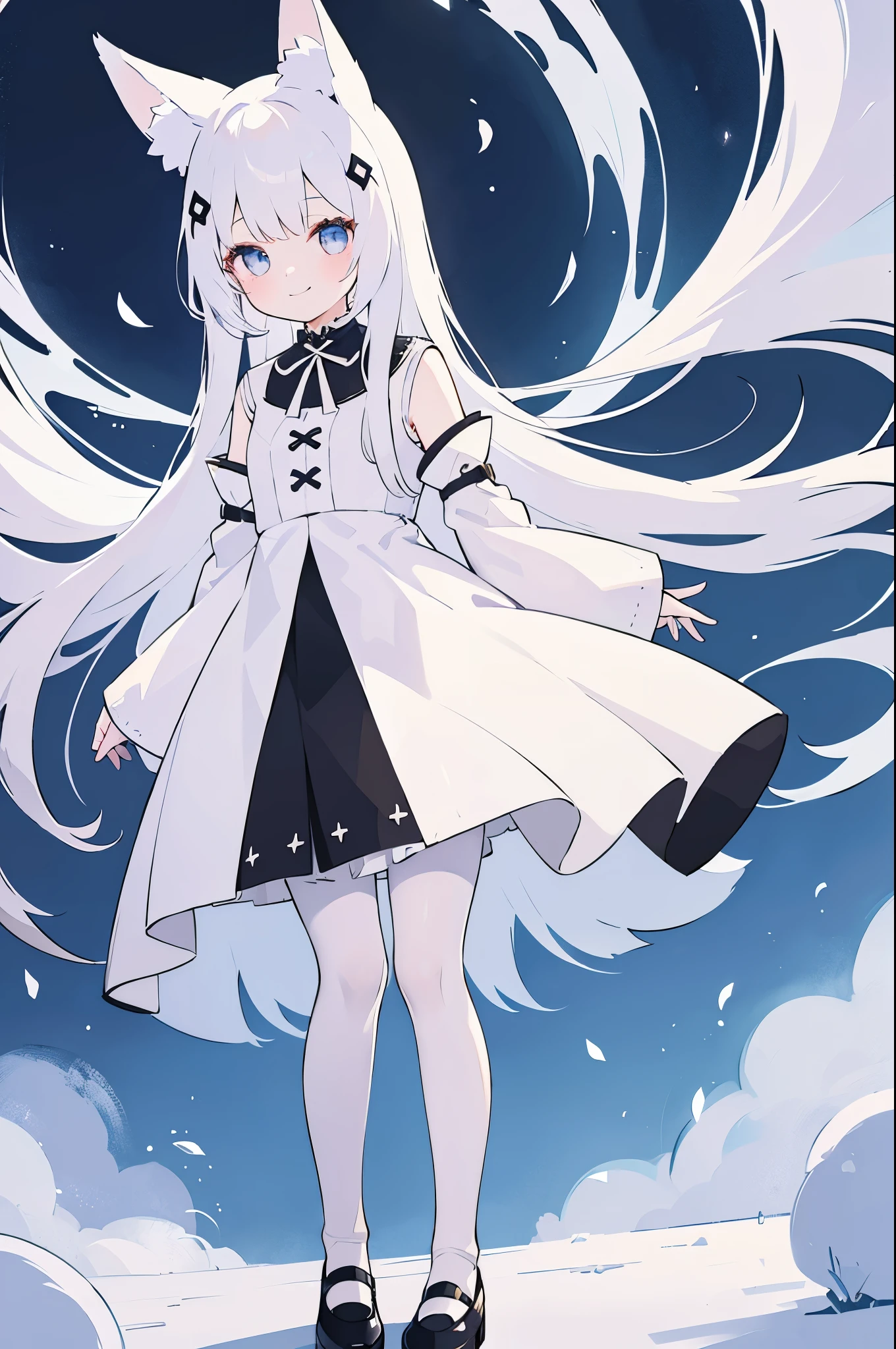 A girl with impressive white hair、Fox ears and tail、Hair Ornament、Black pantyhose、No sleeve、smile、cute shoes with accessories