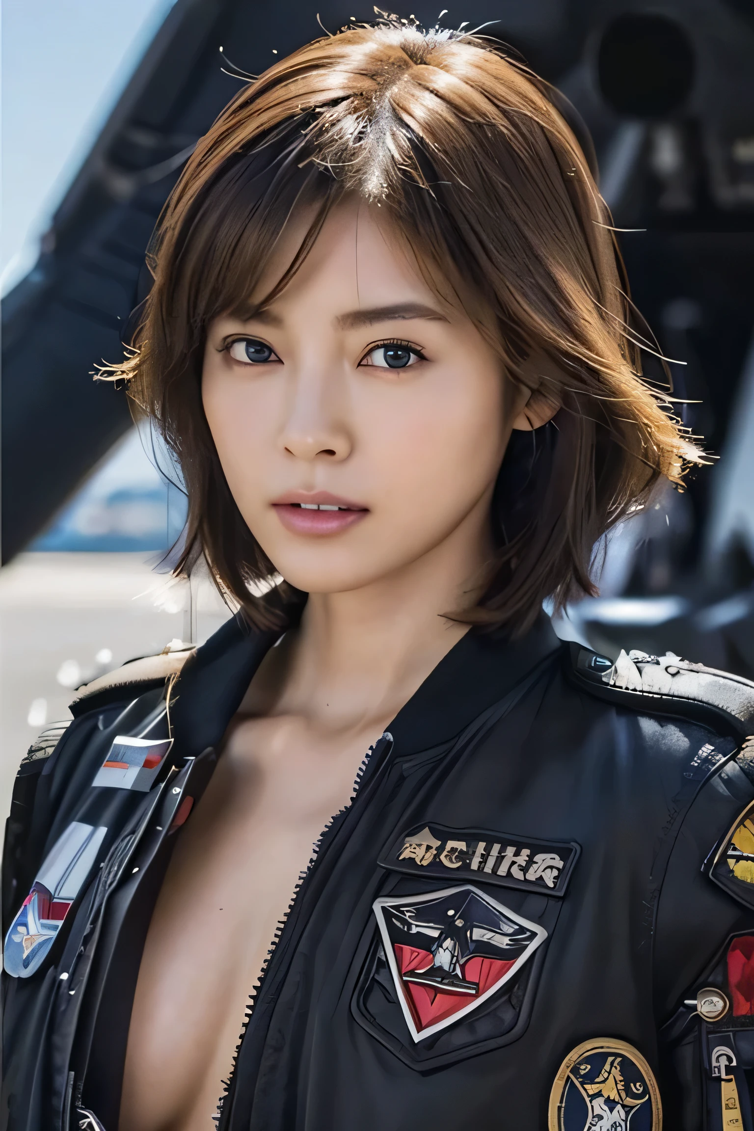 (masterpiece:1.2), Super detailed, ultra high resolution, (realistic, photo realistic:1.37), High-definition RAW color photos, professional photos, highly detailed face, very fine eyes, highly detailed skin, very fine fingers, highly detailed nose, highly detailed mouth, perfect anatomy, highly detailed background, (famous japanese actress:1.2), (Improve:1.25), flat chest, brown race, black skin, blonde hair, Very short cut hair, (Wearing a black air bomber jacket with many patches:1.3), (Fighter cockpit:1.6), (NSFW:1.3),