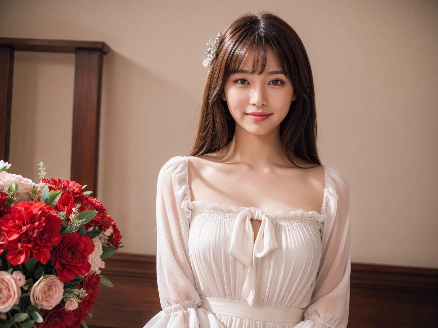 (On a table, Best quality, realistically, ultra - detailed, meticuloso, A high resolution, 8k wallpaper), Close-up portrait of a beautiful woman, Chariada, Smiling, light brown messy hair, Perfect dynamic composition, 美丽meticuloso的眼睛, Just like the cover of a fashion magazine, On campus