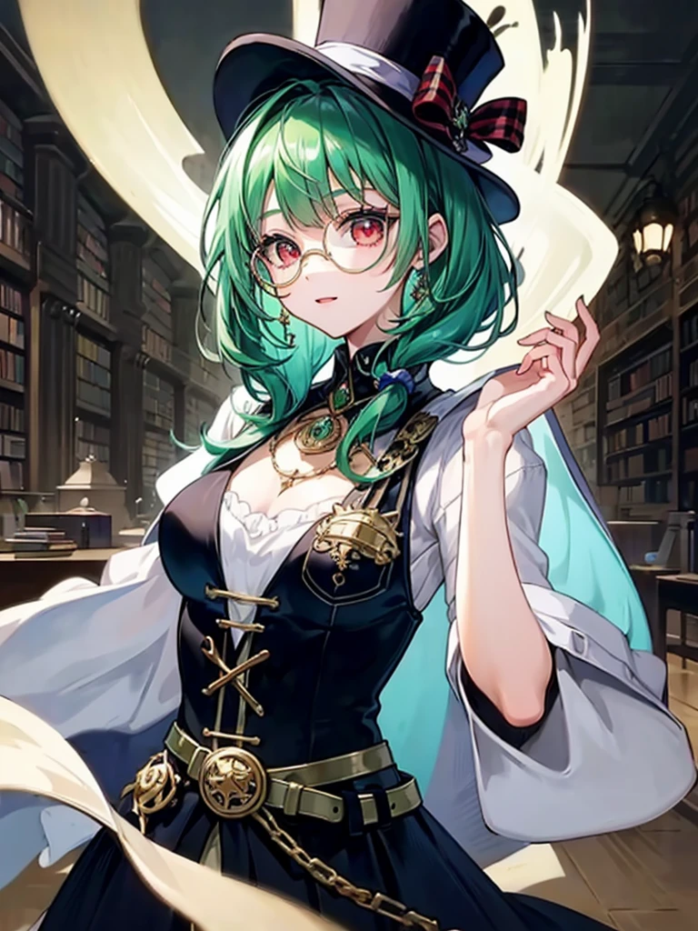 (((masterpiece、Highest image quality、highest quality、highly detailed unity 8kwallpaper)))、((Illustration of one girl、upper body))、(((beautiful girl)))、(librarian)、(Emerald green hair、messy hair、sidelocks:1.2、red eyes、crazy smile)、(((flat chest)))、(((monocle)))、pocket watch、(((Black top hat、Black tuxedo、belt)))、great medieval library、Large amount of books