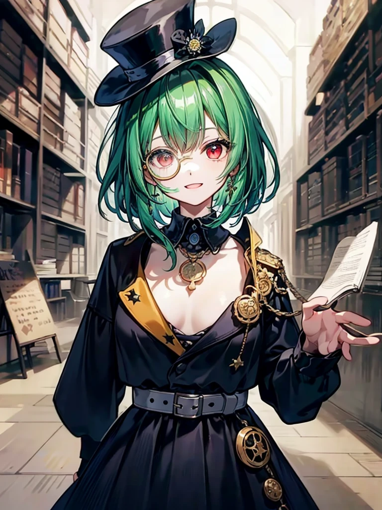 (((masterpiece、Highest image quality、highest quality、highly detailed unity 8kwallpaper)))、((Illustration of one girl、upper body))、(((beautiful girl)))、(librarian)、(Emerald green hair、messy hair、sidelocks:1.2、red eyes、crazy smile)、(((flat chest)))、(((monocle)))、pocket watch、(((Black top hat、Black tuxedo、belt)))、great medieval library、Large amount of books