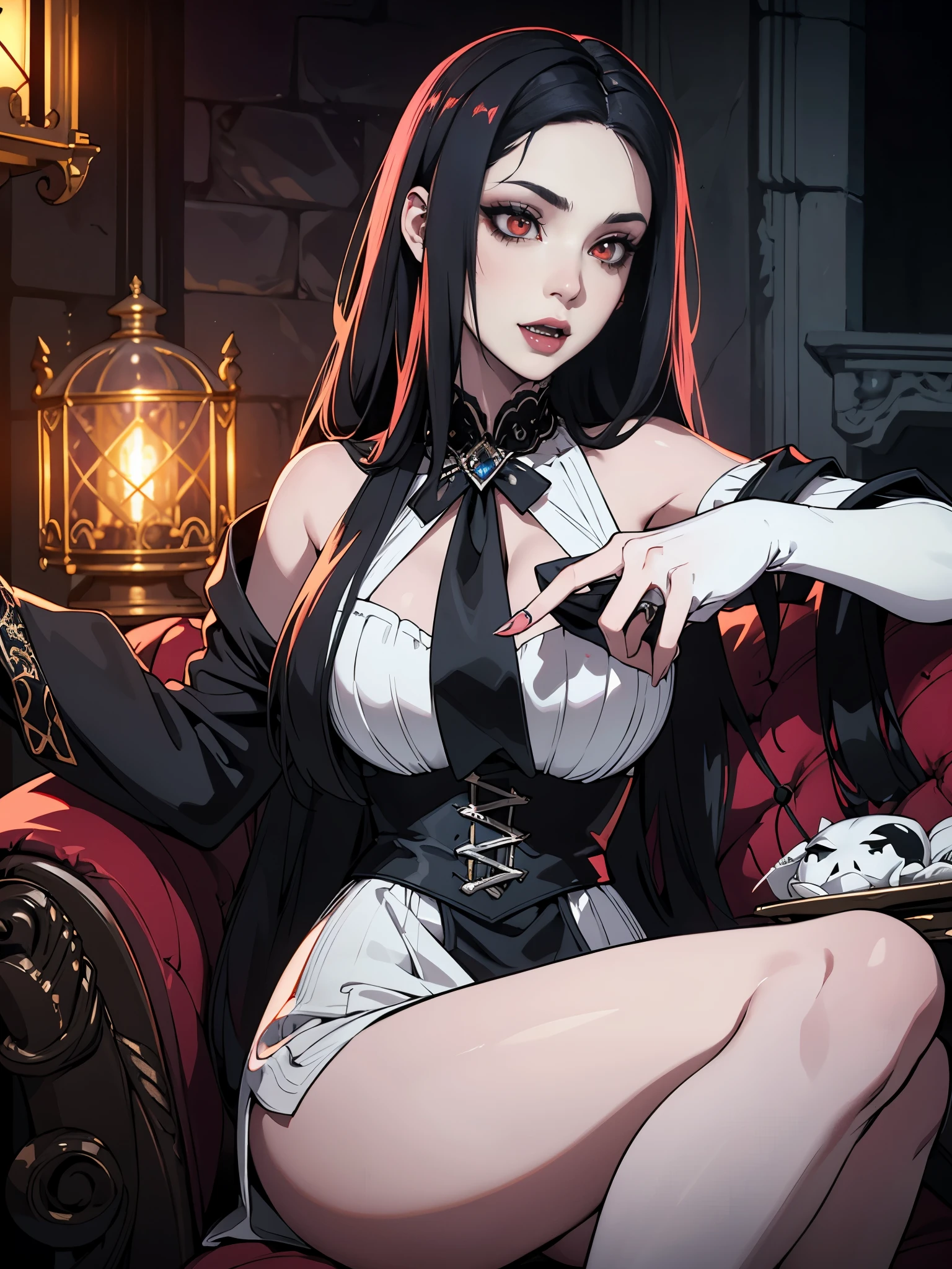 Pale face, High vampire female, goth Renaissance, Black hair, White dress, intricate, glowing eyes, fantastical, vampire, fangs, hyper detailed, 32k resolution, volumetric lighting, hyper detailed, intricately detailed, Unreal Engine 5, volumetric lighting
