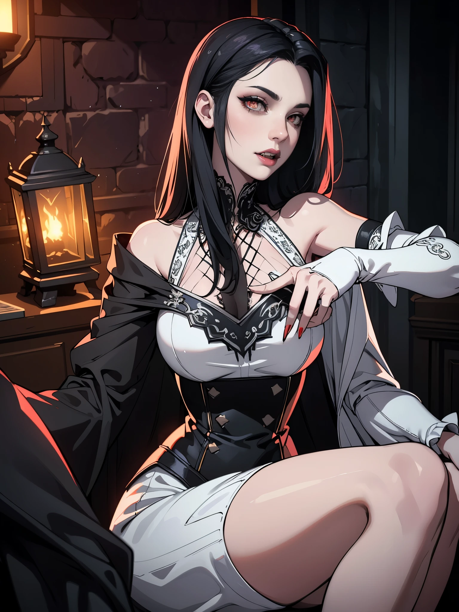 Pale face, High vampire female, goth Renaissance, Black hair, White dress, intricate, glowing eyes, fantastical, vampire, fangs, hyper detailed, 32k resolution, volumetric lighting, hyper detailed, intricately detailed, Unreal Engine 5, volumetric lighting