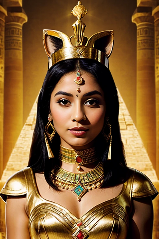 ((best quality)), ((chef-d&#39;artwork)), (detailed), femme avec visage parfait, cat head goddess Bastet; Ancient Egyptian Queen Dress, bijoux precieux, couronne antique pharaon; The Cheops pyramid in the background; Peplum film effect; dim light;