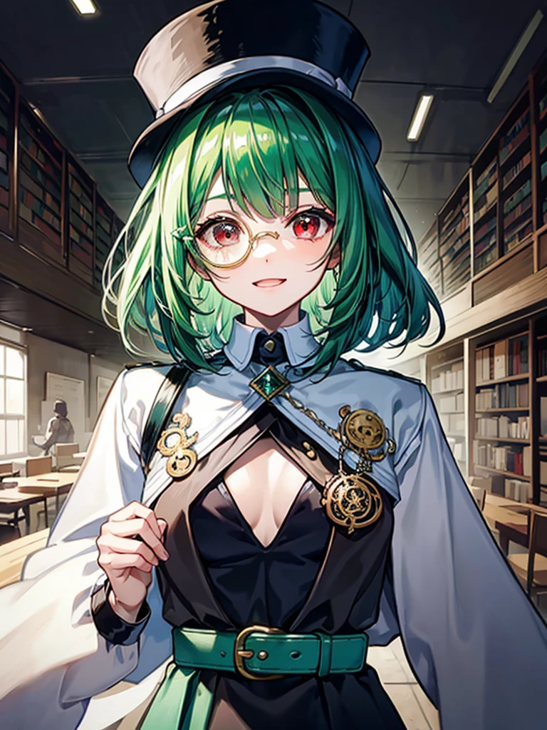 (((masterpiece、Highest image quality、highest quality、highly detailed unity 8kwallpaper)))、((Illustration of one girl、upper body))、(((beautiful girl)))、(librarian)、(Emerald green hair、messy hair、sidelocks:1.2、red eyes、crazy smile)、(((flat chest)))、(((monocle)))、pocket watch、(((Black top hat、Black tuxedo、belt)))、great medieval library、Large amount of books