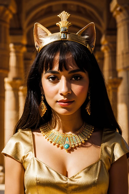 ((best quality)), ((chef-d'artwork)), (detailed), femme avec visage parfait, cat head goddess Bastet; Ancient Egyptian Queen Dress, bijoux precieux, couronne antique pharaon; The Cheops pyramid in the background; Peplum film effect; dim light;