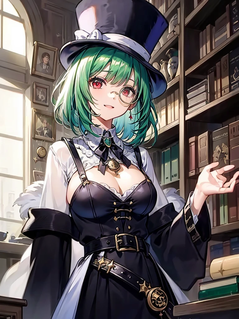 (((masterpiece、Highest image quality、highest quality、highly detailed unity 8kwallpaper)))、((Illustration of one girl、upper body))、(((beautiful girl)))、(librarian)、(Emerald green hair、messy hair、sidelocks:1.2、red eyes、crazy smile)、(((flat chest)))、(((monocle)))、pocket watch、(((Black top hat、Black tuxedo、belt)))、great medieval library、Large amount of books