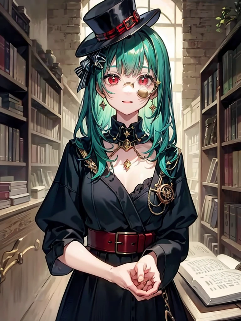 （（（masterpiece、Highest image quality、highest quality、highly detailed unity 8ｋwallpaper）））、（（Illustration of one girl、upper body））、（（（beautiful girl）））、（librarian）、（Emerald green hair、messy hair、sidelocks：1.2、red eyes、crazy smile）、（（（flat chest）））、（（（monocle）））、pocket watch、（（（Black top hat、Black tuxedo、belt）））、great medieval library、Large amount of books