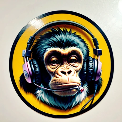 Ape with a doubting face, Monkey, big ears, mohawk hairstyle, Dj headphones below the face. The image is a round shaped sticker on a vinyl album of a music band
