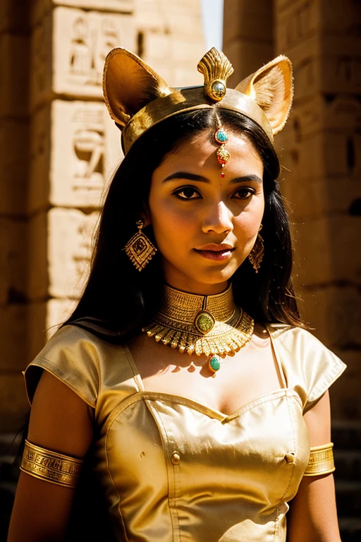 ((best quality)), ((chef-d'artwork)), (detailed), femme avec visage parfait, cat head goddess Bastet; Ancient Egyptian Queen Dress, bijoux precieux, couronne antique pharaon; The Cheops pyramid in the background; Peplum film effect; dim light;