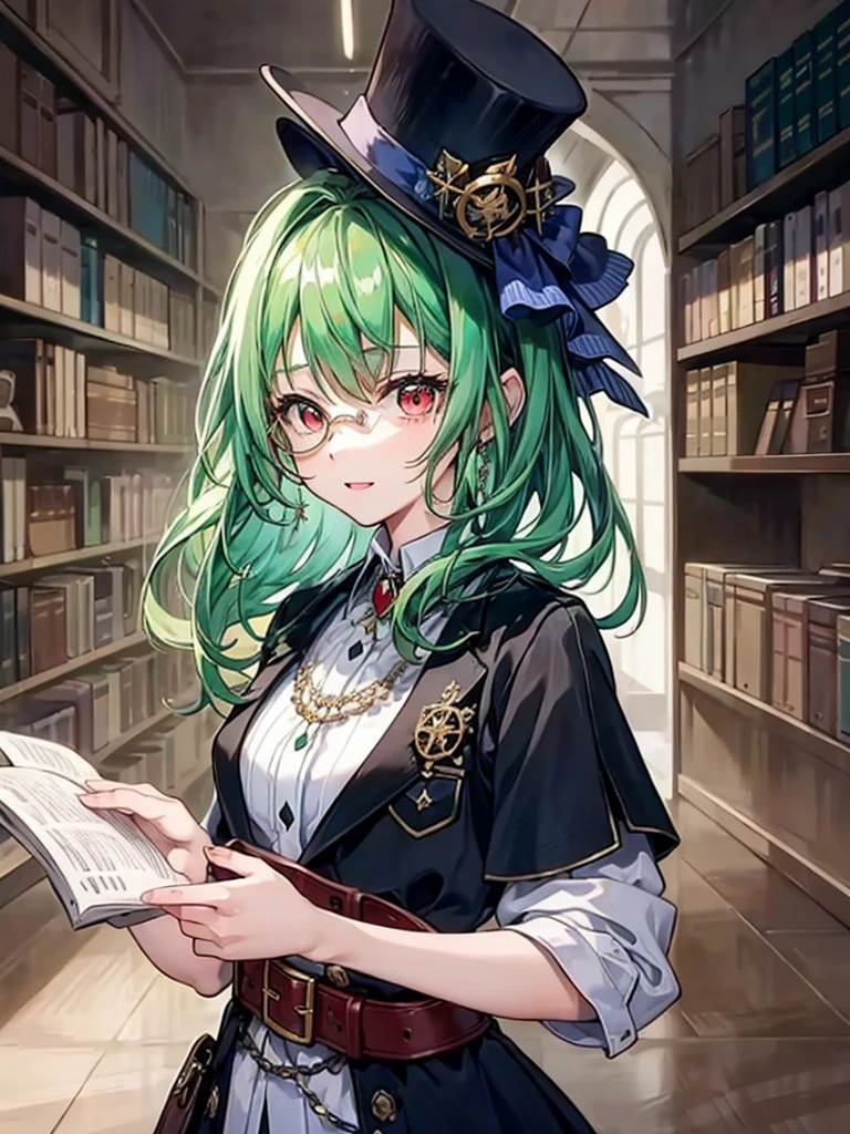 （（（masterpiece、Highest image quality、highest quality、highly detailed unity 8ｋwallpaper）））、（（Illustration of one girl、upper body））、（（（beautiful girl）））、（librarian）、（Emerald green hair、messy hair、sidelocks：1.2、red eyes、crazy smile）、（（（flat chest）））、（（（monocle）））、pocket watch、（（（Black top hat、Black tuxedo、belt）））、great medieval library、Large amount of books