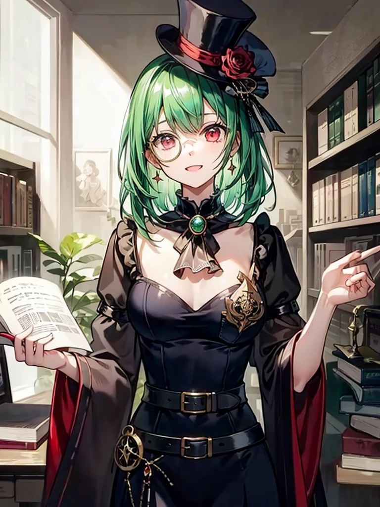 (((masterpiece、Highest image quality、highest quality、highly detailed unity 8kwallpaper)))、((Illustration of one girl、upper body))、(((beautiful girl)))、(librarian)、(Emerald green hair、messy hair、sidelocks:1.2、red eyes、crazy smile)、(((flat chest)))、(((monocle)))、pocket watch、(((Black top hat、Black tuxedo、belt)))、great medieval library、Large amount of books