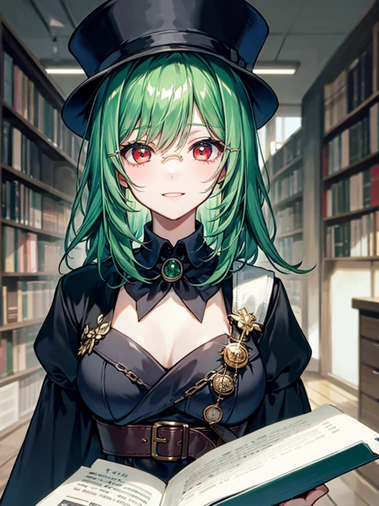 （（（masterpiece、Highest image quality、highest quality、highly detailed unity 8ｋwallpaper）））、（（Illustration of one girl、upper body））、（（（beautiful girl）））、（librarian）、（Emerald green hair、messy hair、sidelocks：1.2、red eyes、crazy smile）、（（（flat chest）））、（（（monocle）））、pocket watch、（（（Black top hat、Black tuxedo、belt）））、great medieval library、Large amount of books