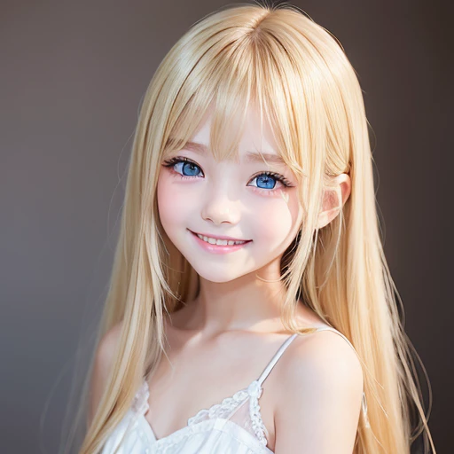 1 girl、smooth skin、(((happy smile)))、gaze towards the viewer、cute girl with beautiful face、(10 years old)、Real Girl、pointed chest、long eyelashes 、Delicate、colored contact lenses、very fine eyes、(thin eyebrows)、very very detailed face、((brunette tousled hair))、Girl posing with dazzling golden beautiful super long straight silky hair、bright look、blonde girl posing、long golden bangs between the eyes of the eyes,、fair skin with glossy skin、pink cheeks、shiny cheeks、Real Girl、(10 years oldの女の子)、Beautiful girl in shining golden platinum blonde、Beautiful big bright blue eyes
