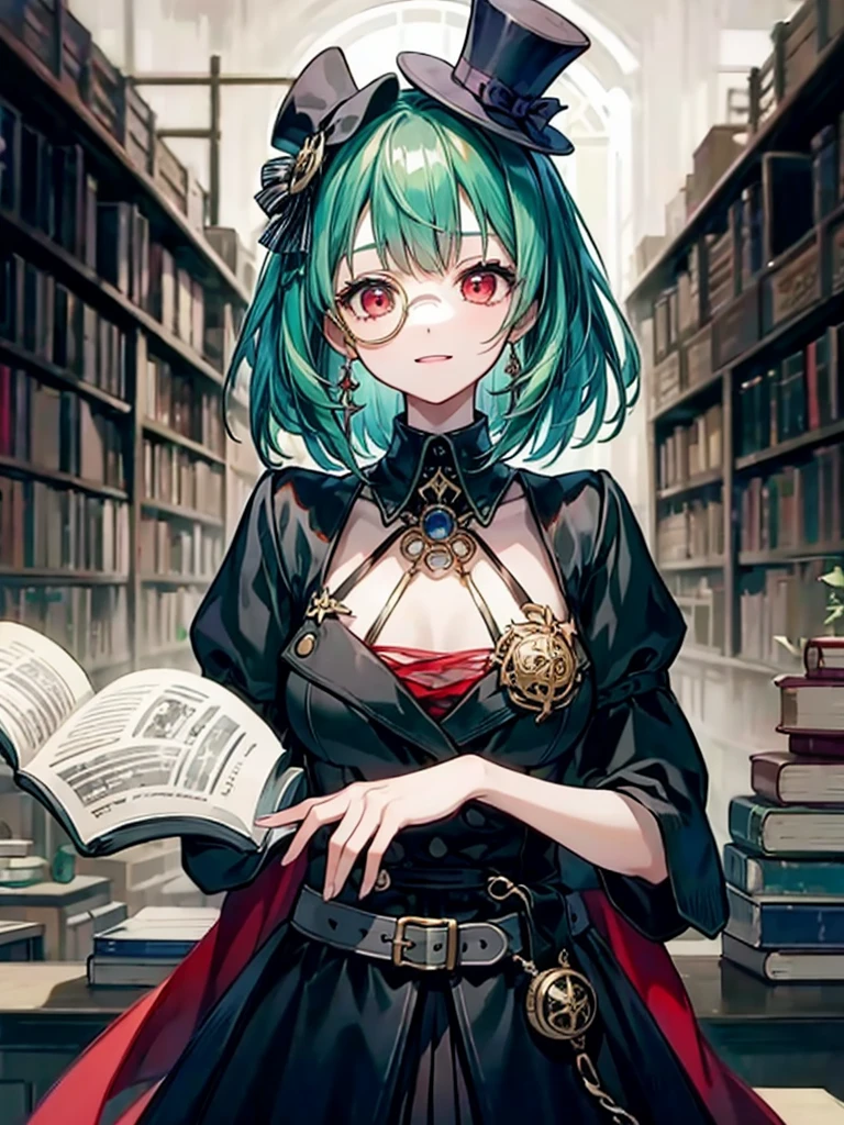 (((masterpiece、Highest image quality、highest quality、highly detailed unity 8kwallpaper)))、((Illustration of one girl、upper body))、(((beautiful girl)))、(librarian)、(Emerald green hair、messy hair、sidelocks:1.2、red eyes、crazy smile)、(((flat chest)))、(((monocle)))、pocket watch、(((Black top hat、Black tuxedo、belt)))、great medieval library、Large amount of books