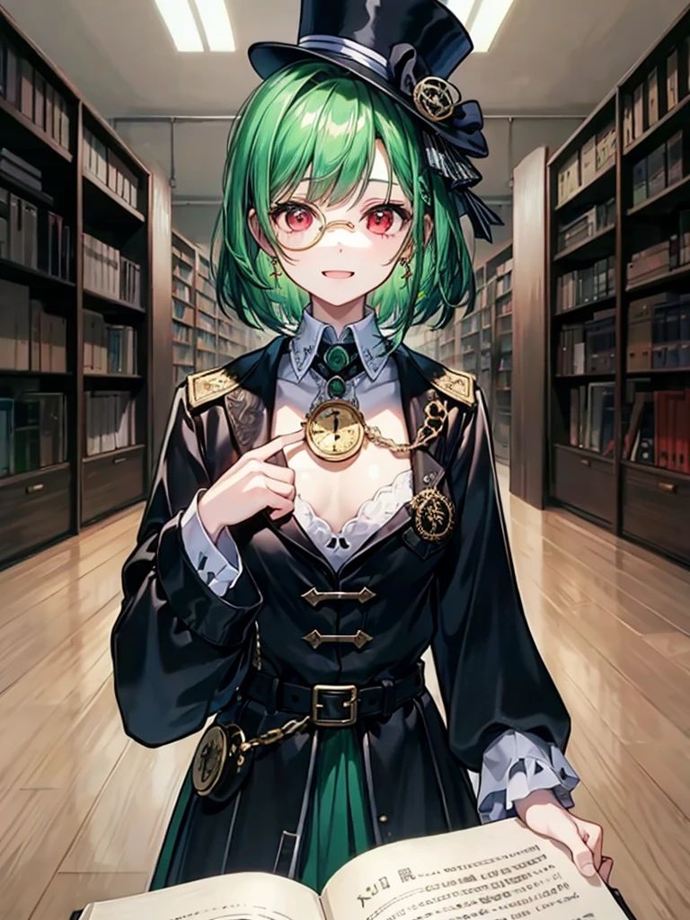 （（（masterpiece、Highest image quality、highest quality、highly detailed unity 8ｋwallpaper）））、（（Illustration of one girl、upper body））、（（（beautiful girl）））、（librarian）、（Emerald green hair、messy hair、sidelocks：1.2、red eyes、crazy smile）、（（（flat chest）））、（（（monocle）））、pocket watch、（（（Black top hat、Black tuxedo、belt）））、great medieval library、Large amount of books