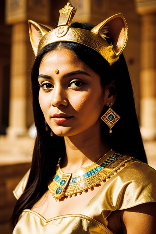 ((best quality)), ((chef-d'artwork)), (detailed), femme avec visage parfait, cat head goddess Bastet; Ancient Egyptian Queen Dress, bijoux precieux, couronne antique pharaon; The Cheops pyramid in the background; Peplum film effect; dim light;