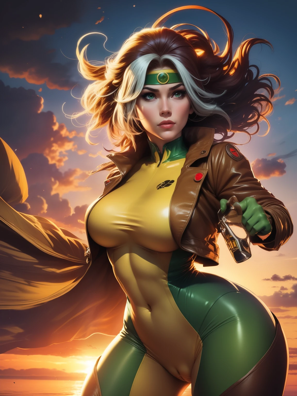 (((COMIC STYLE, CARTOON ART))), cinematic. 01 girl, solo, lonly, A comic-style image of Rogue member of the X-Men in dynamic pose. A woman with brown hair with a white streak, green eyes and special gloves. She is flying in the sky, with clouds in the background. She wears her traditional attire with a brown leather jacket.(((Slim Hot body, sexy, sensual, camel toes ))), (((Camel Toes))). Detailed, detailed face, intricate, glowing. Cinematic background.