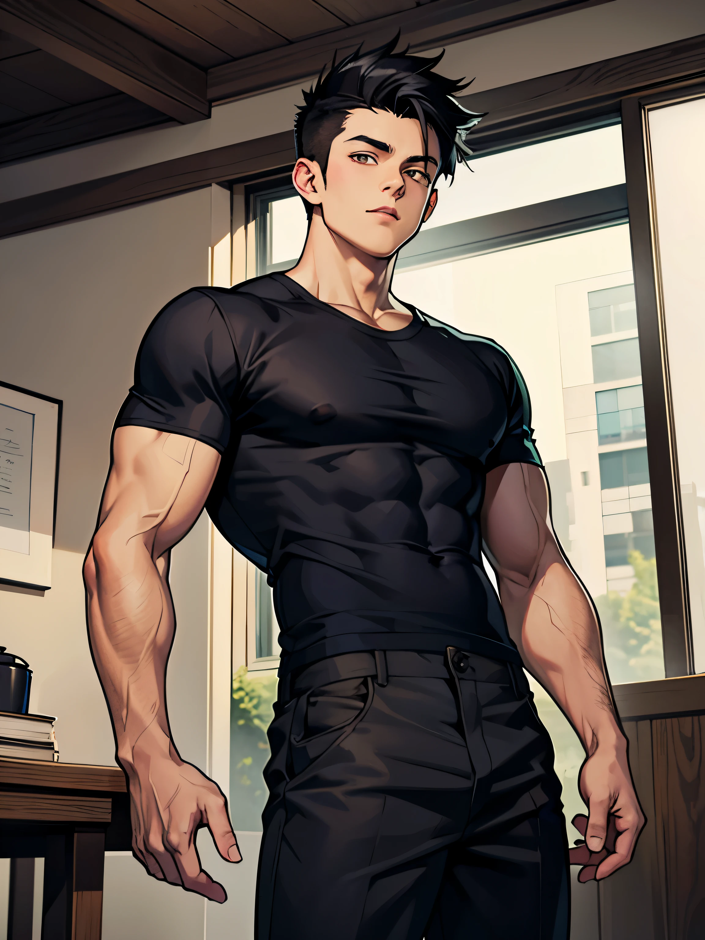 1boy,, masterpiece,best quality, fushiguro toji,muscular male,black hair,black shirt,short sleeves,pants,monster
